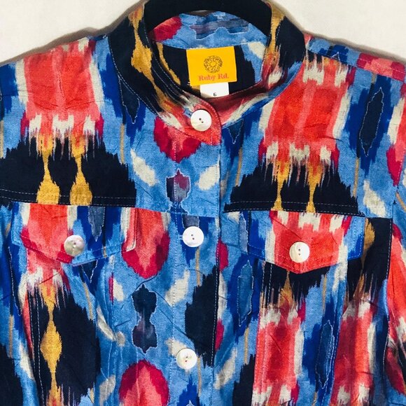 Ruby Rd shirt graphic mid or long sleeve blue multi color button down sheer READ - Picture 3 of 11